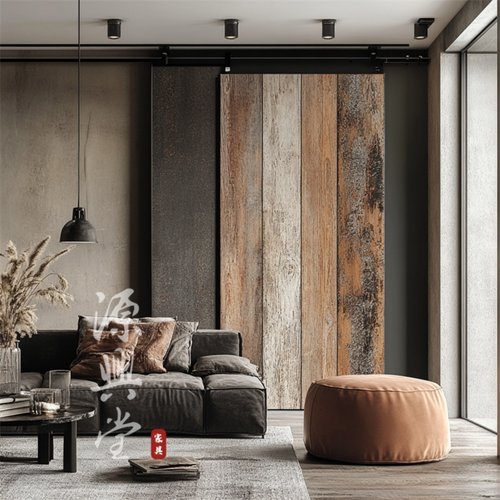 谷仓门推拉门 隐形吊轨门 侘寂风创意谷仓移门 实木背景墙装饰板