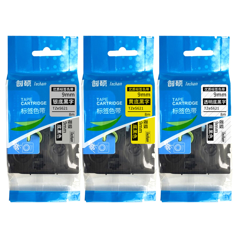 创硕色带TZeS621适用PT-P900/E550W/18RZ等标签打印机9mm可选白/红/绿/蓝/透明/银/黄底黑字标签纸1卷