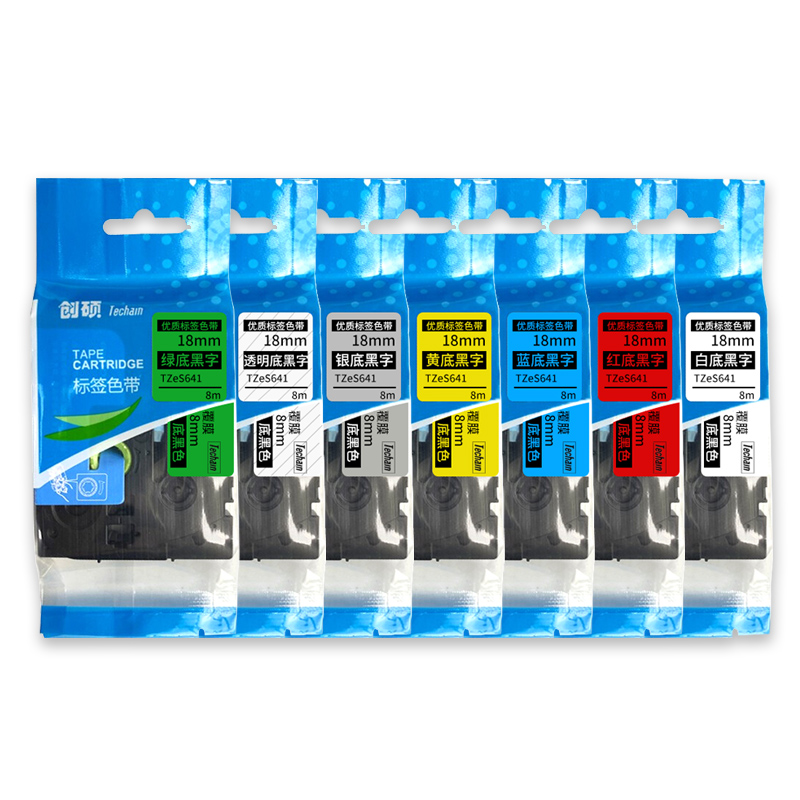 创硕色带TZeS641适用PT-P900/E550W/18RZ等标签打印机18mm可选白/红/绿/蓝/透明/银/黄底黑字标签纸1卷