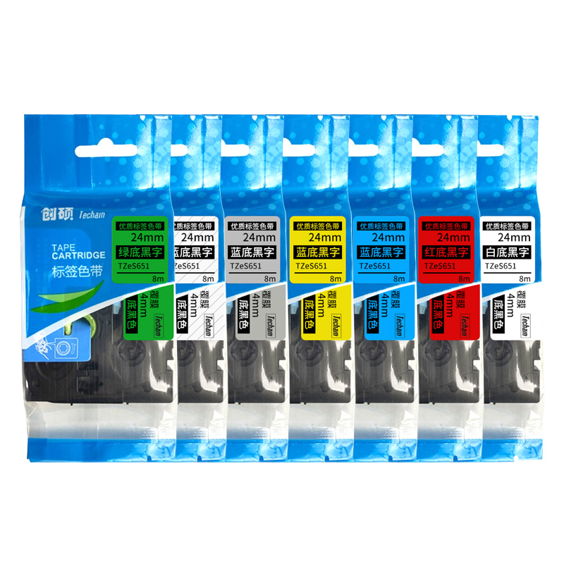 创硕色带TZeS651适用PT-P900/E550W/18RZ等标签打印机24mm可选白/红/绿/蓝/透明/银/黄底黑字标签纸1卷