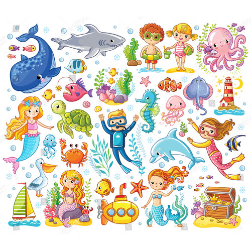 卡通海洋生物图案矢量素材美人鱼海豚鲸鱼潜水员装饰插画设计