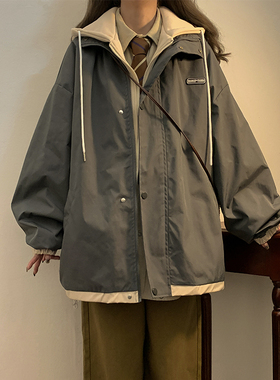 ulzzang外套女美式复古假两件冲锋衣春秋chic港风设计感小众夹克