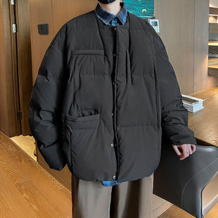 黑色无领羽绒服男款冬季加厚外套保暖羽绒衣冬装大码潮牌面包棉服