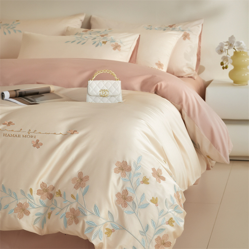 轻奢高级感长绒棉100支四件套全棉刺绣床单被套纯棉床笠四季床品