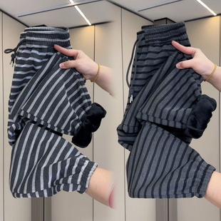 加绒加厚休闲卫裤女2025冬季新款条纹束脚裤加厚保暖外穿女士裤子