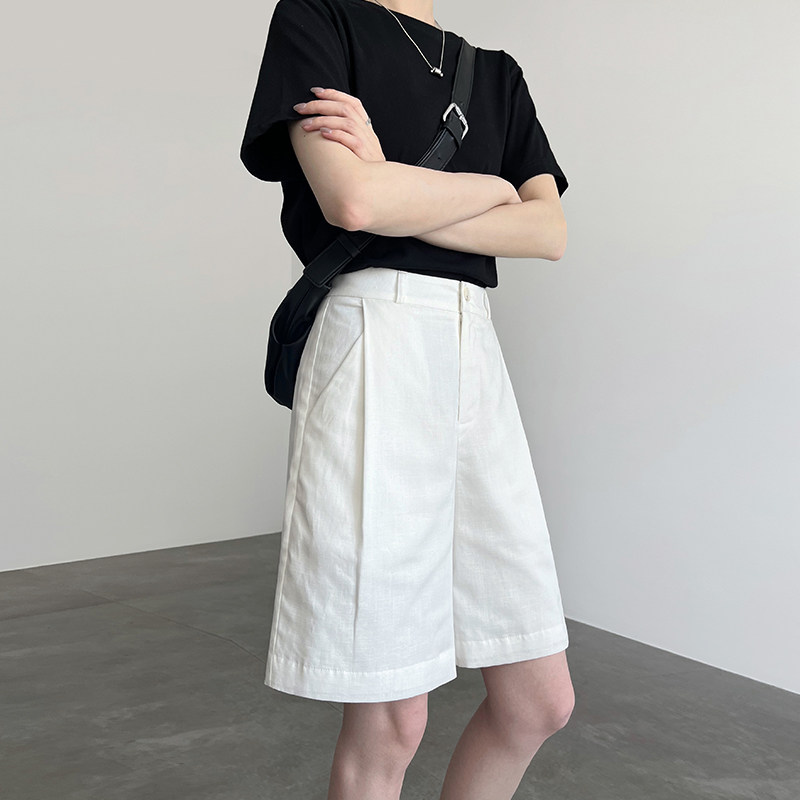 亚麻白色短裤女夏薄款高腰a字宽松休闲老钱风天丝阔腿西装五分裤