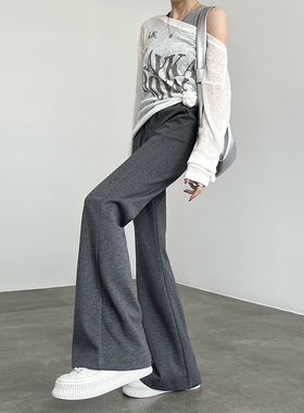灰色喇叭裤女2025新款春秋高腰显瘦阔腿弹力休闲直筒运动微喇卫裤