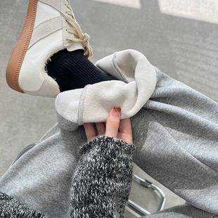 休闲加厚运动直筒卫裤 灰色加绒裤 宽松阔腿微喇裤 2024新款 子女冬季