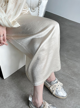 白色醋酸半身裙高级感小个子新中式国风真丝直筒缎面a字裙女夏季