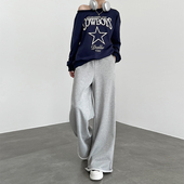 卫裤 春秋高腰垂感直筒宽松显瘦休闲美式 女2024新款 灰色阔腿运动裤