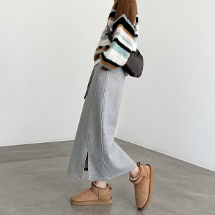 a字卫裙 开叉直筒加绒加厚长款 桑蚕丝浅灰色冬季 半身裙女2025新款