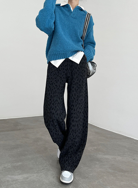 灰色豹纹裤子女秋冬2025新款高腰垂感显瘦镰刀直筒窄版阔腿弯刀裤