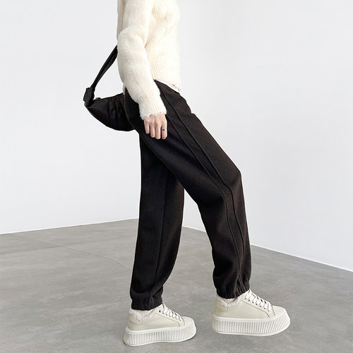 冬季新款加绒加厚直筒束脚羊毛裤
