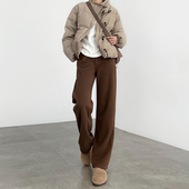 美拉德棕咖色裤 子女秋冬高腰直筒毛呢小个子窄版 加绒人字纹阔腿裤