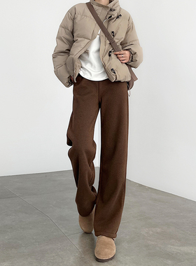 美拉德棕咖色裤子女秋冬高腰直筒毛呢小个子窄版加绒人字纹阔腿裤