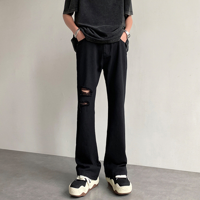 纯黑色破洞牛仔裤男修身直筒美式vibe高街裤子夏季薄款休闲微喇裤