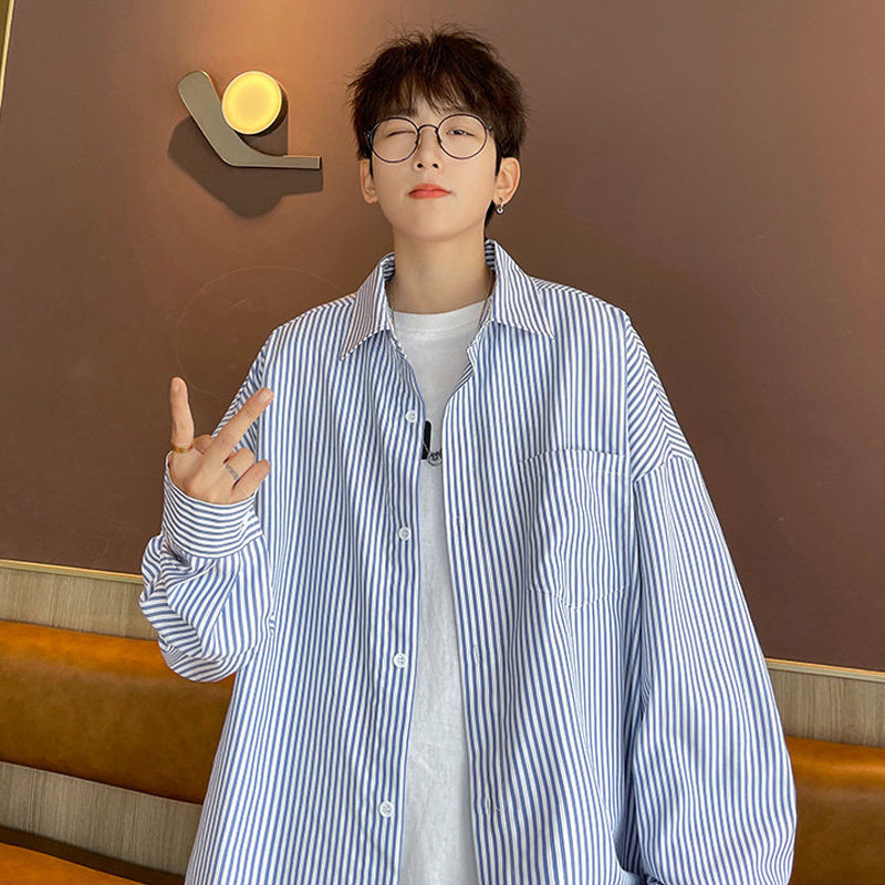 少年感蓝色条纹衬衫阳光干净男生穿搭高级感衬衣美式oversize外套