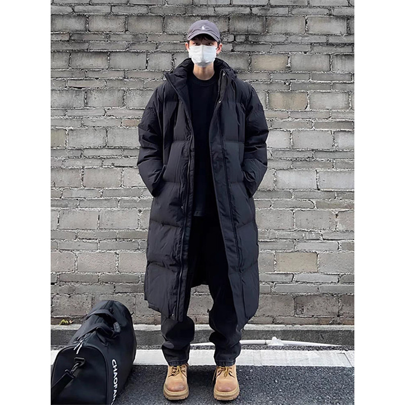 黑色美式连帽中长版羽绒棉服男冬季加厚过膝东北抗寒痞帅大衣外套