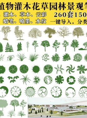 PS笔刷树草本植物花草树木水墨云彩平面立面园林景观后期笔刷素材
