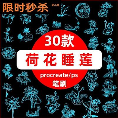 30款荷花睡莲笔刷中国风插画ps花卉植物荷叶素材莲花procreate