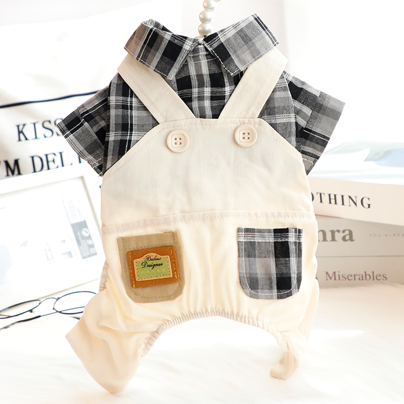 狗狗衣服春秋装时尚格子口袋背带裤子四脚套装小型犬泰迪宠物5724