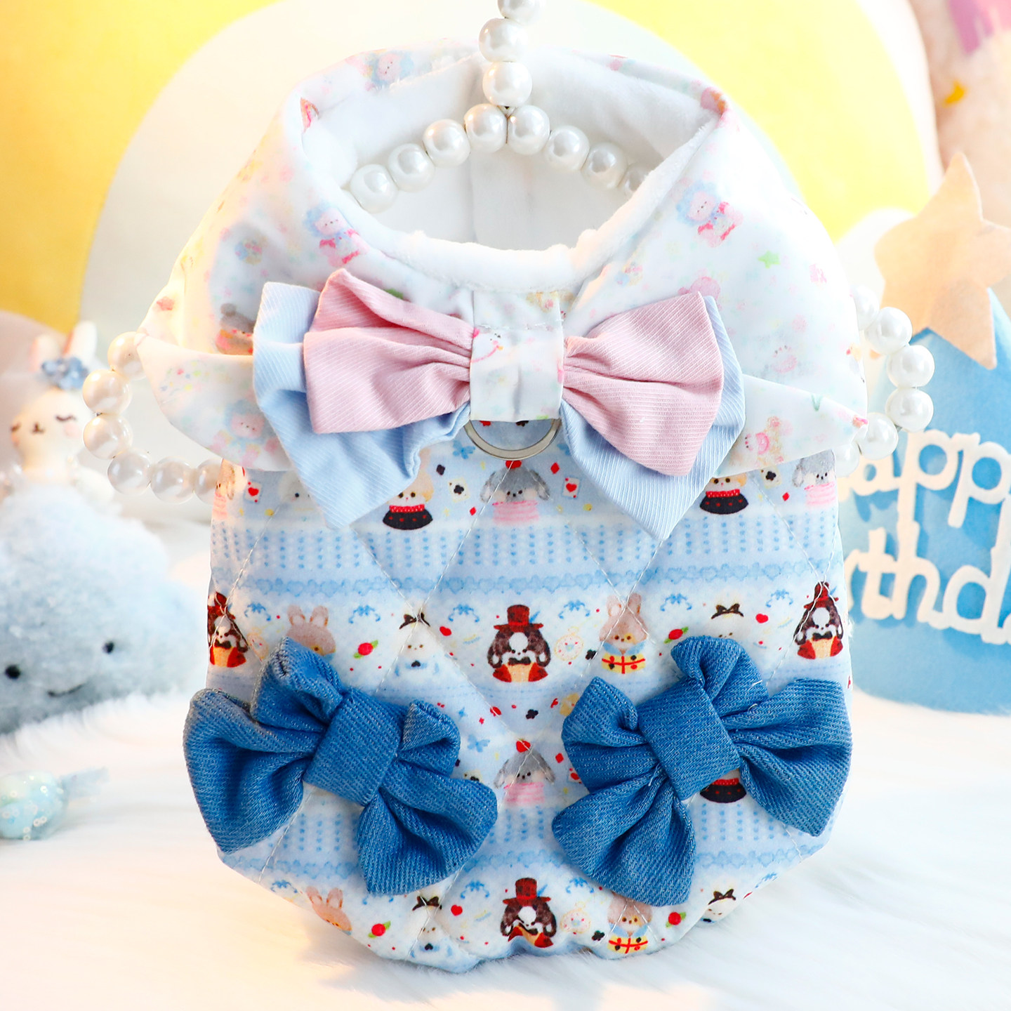 狗狗衣服秋冬装厚款猫可爱卡通棉衣牛仔蝴蝶结小型犬泰迪宠物7826