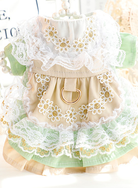 狗狗衣服秋装猫咪公主裙子绿色金边洛丽塔牵引小型犬泰迪宠物3949