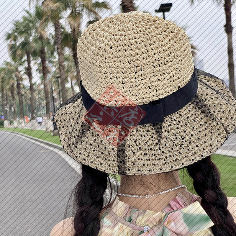 草帽韩国女新款蕾丝波点包纱宽檐渔夫帽夏季手工编织太阳帽子帽沿