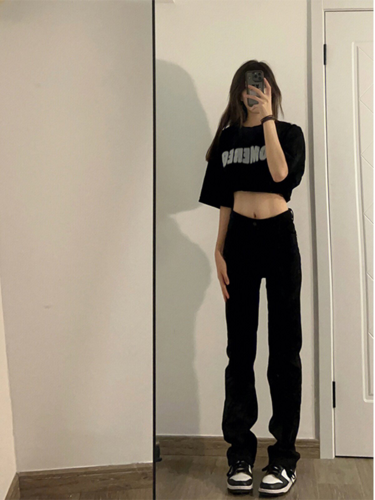BLACK STRAIGHT-LEG JEANS WOMENS AUTUMN AND WINTER HIGH-WAISTED THIN HIGH-STRETCH HONG KONG-STYLE WIDE-LEG PANTS MOP PANTS TIDE INS