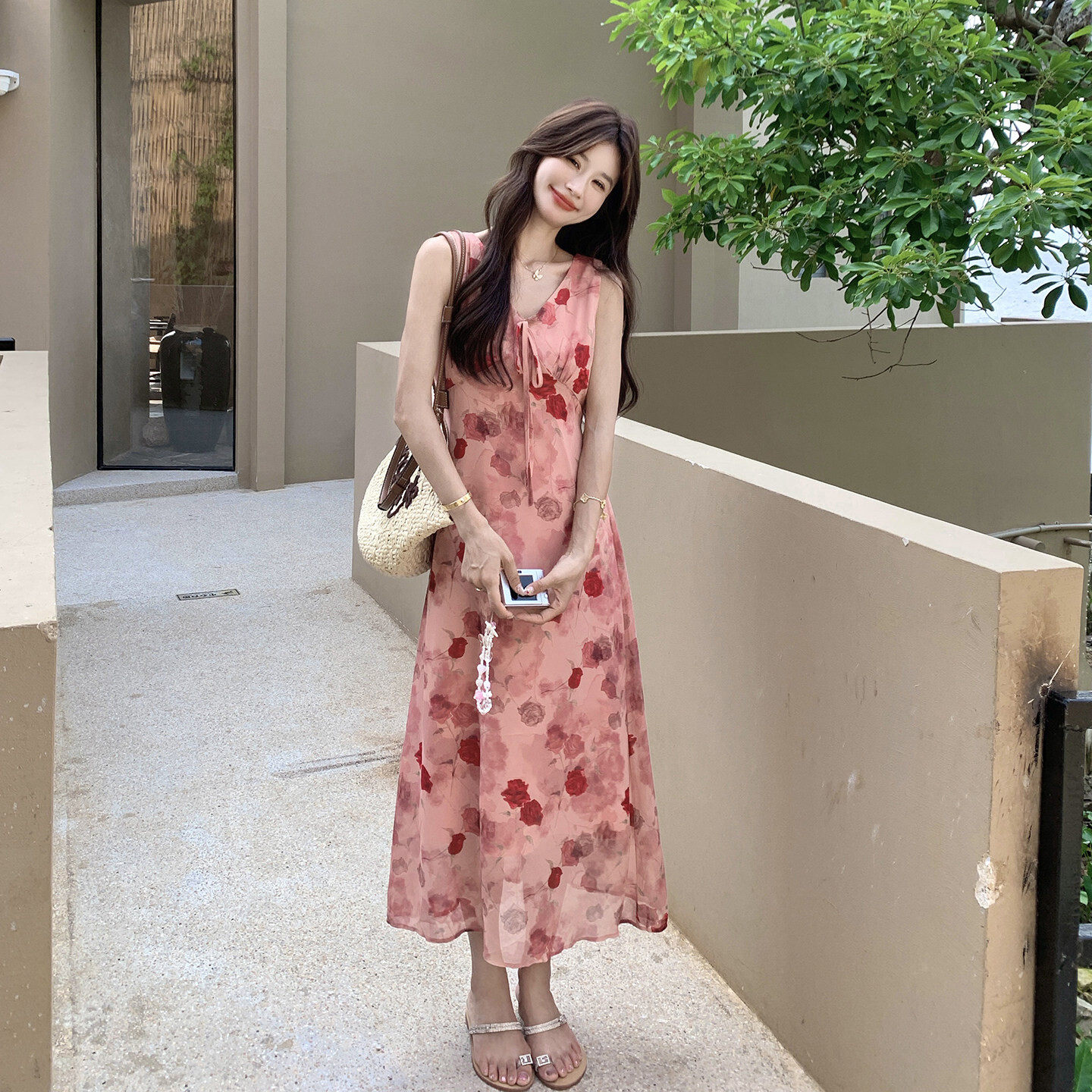 夏季法式玫粉印花收腰连衣裙