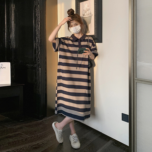 条纹polot恤连衣裙女夏2026新款韩版慵懒风休闲短袖过膝裙子长裙