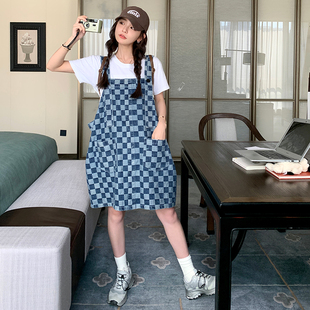 棋盘格牛仔背带连衣裙少女夏季收腰显瘦法式茶歇复古港风chic裙子