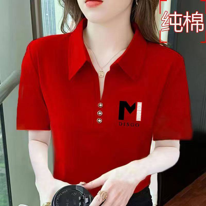 2025年新款纯棉红色女士气质休闲polo领短袖印花t恤修身打底衫女.