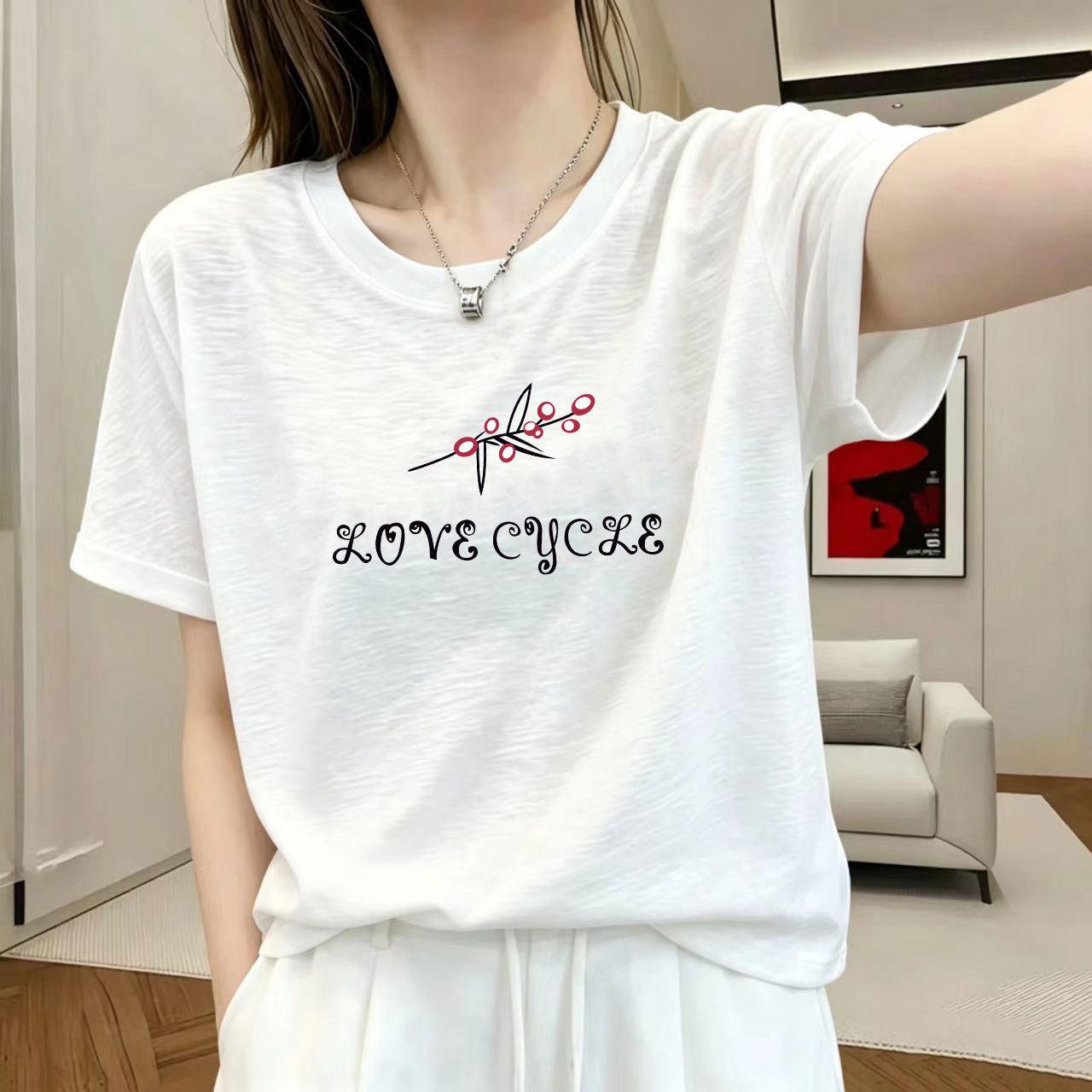 夏季新款竹节棉大码圆领正肩印花短袖T恤女宽松显瘦百搭体恤衫潮.