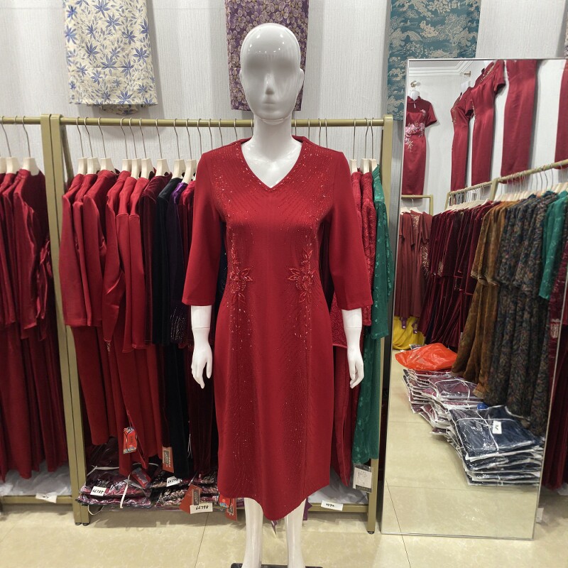 喜妈妈气质显瘦钉珠连衣裙喜婆婆洋气减龄婚礼宴会礼服女儿结婚装