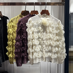 南油26春秋新品女装衬衫立体花朵蕾丝花边拼接圆领法式泡泡袖上衣