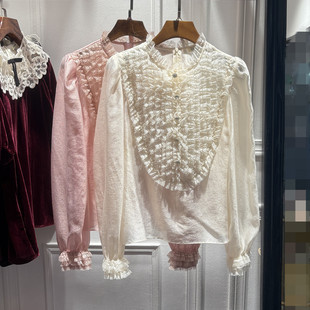 泡泡袖 南油2026春秋新品 蕾丝花边领衬衫 法式 纯色气质微透上衣 女装