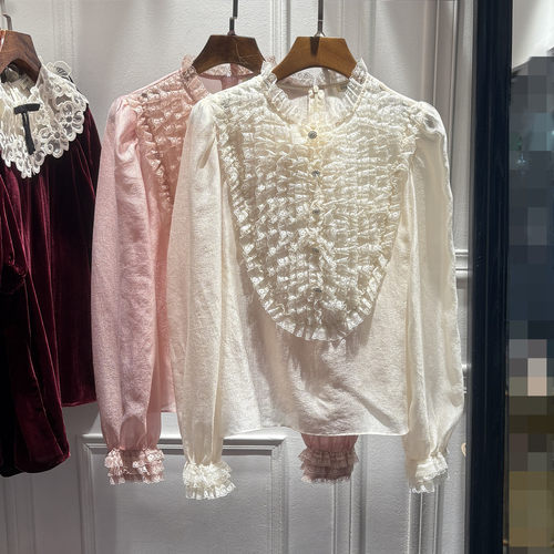 南油2026春秋新品女装法式蕾丝花边领衬衫泡泡袖纯色气质微透上衣