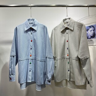 衬衫 南油秋季 设计感百搭慵懒风彩扣休闲宽松廓形条纹长袖 女装 新品