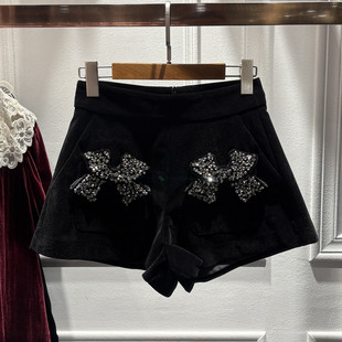 高腰钻饰丝绒蝴蝶结短裤 法式 黑色显瘦轻奢仙 女装 南油2025秋冬新品