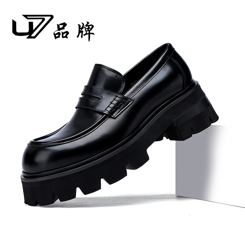 U7男士皮鞋真皮厚底增高套脚英伦商务正装德比鞋头层牛皮休闲皮鞋