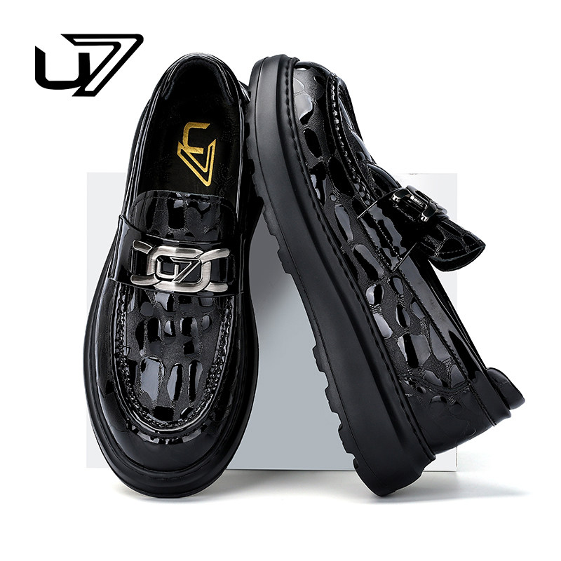 U7乐福鞋男2026新款真皮厚底轻便休闲皮鞋男高端石头纹头层牛皮鞋