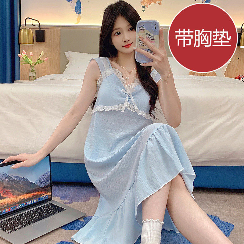 天丝爽棉带胸垫睡裙女夏季V领公主风睡衣性感学生长款大码家居服,女士内衣/男士内衣/家居服,睡袍/浴袍,淘宝优惠券,粉丝福利购,淘宝优惠卷