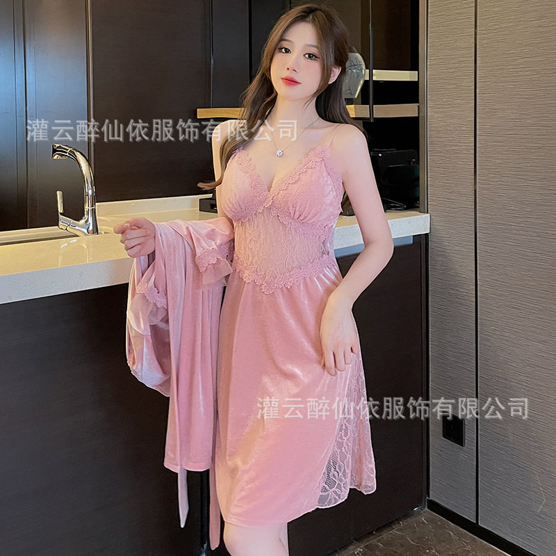 金丝绒睡衣性感长裙女秋冬居家纯欲睡裙大码吊带蕾丝诱惑套装1908,女士内衣/男士内衣/家居服,睡袍/浴袍,淘宝优惠券,粉丝福利购,淘宝优惠卷