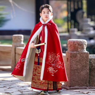 男童汉服斗篷2026新款冬季加绒加厚保暖儿童冬装大氅披风连帽披肩