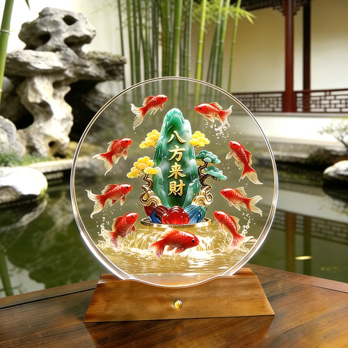 实木彩光底座水晶锦鲤时来运转葫芦八卦吉祥装饰招财乔迁送礼摆件
