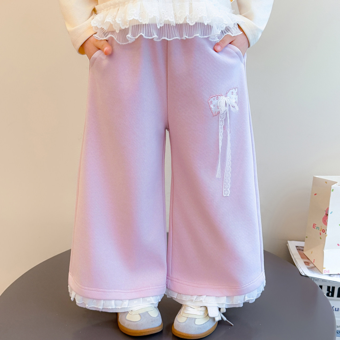女童2026新款花边蝴蝶结阔腿裤春季宝宝甜美洋气春装时尚休闲裤子
