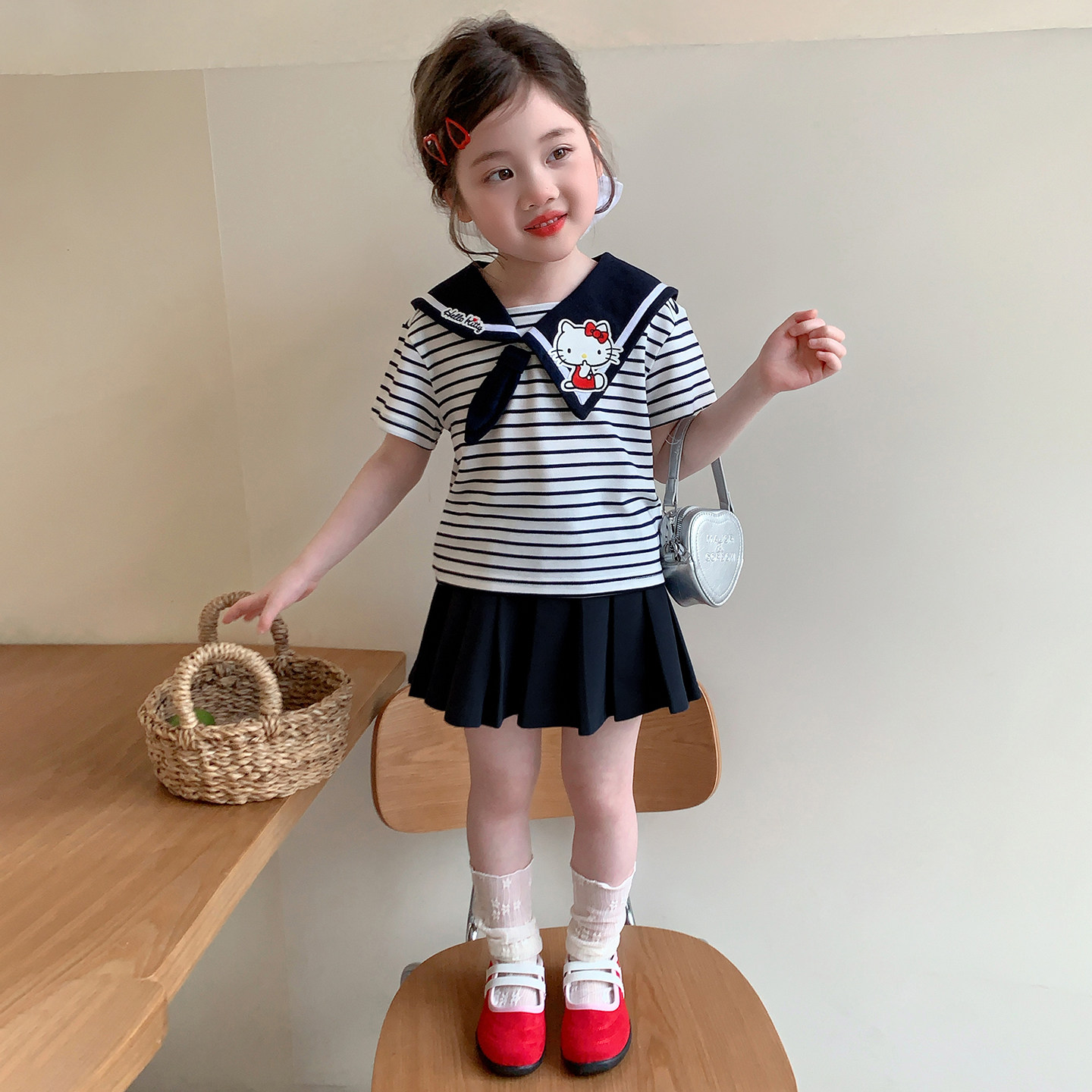 女童夏装套装裙2026新款HelloKitty宝宝短袖百褶裙学院风儿童裙子