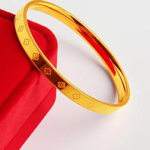 新款24K黄金四叶草沙金手镯女款情侣幸运草3D硬金锡金时尚手环