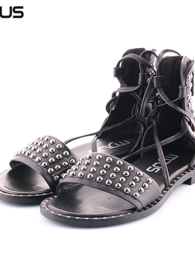 MJUS意大利牛皮鞋复古做旧女款黑色铆钉凉鞋954002